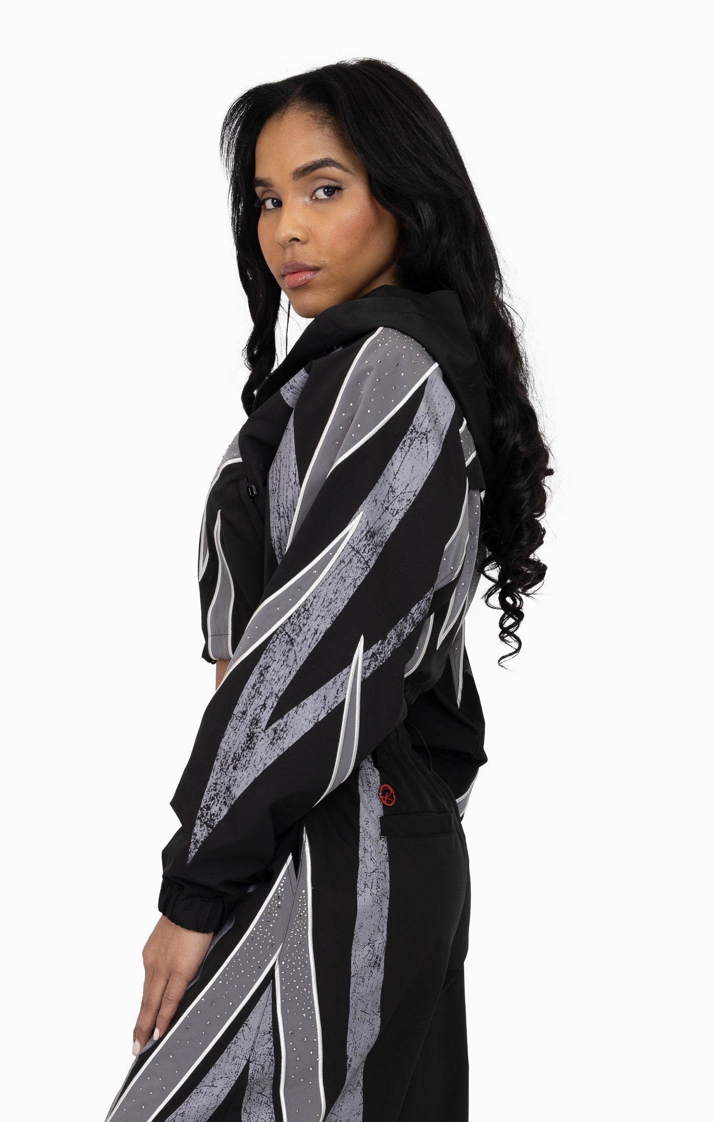 Rhinestone Panel Windbreaker Jacket - Black