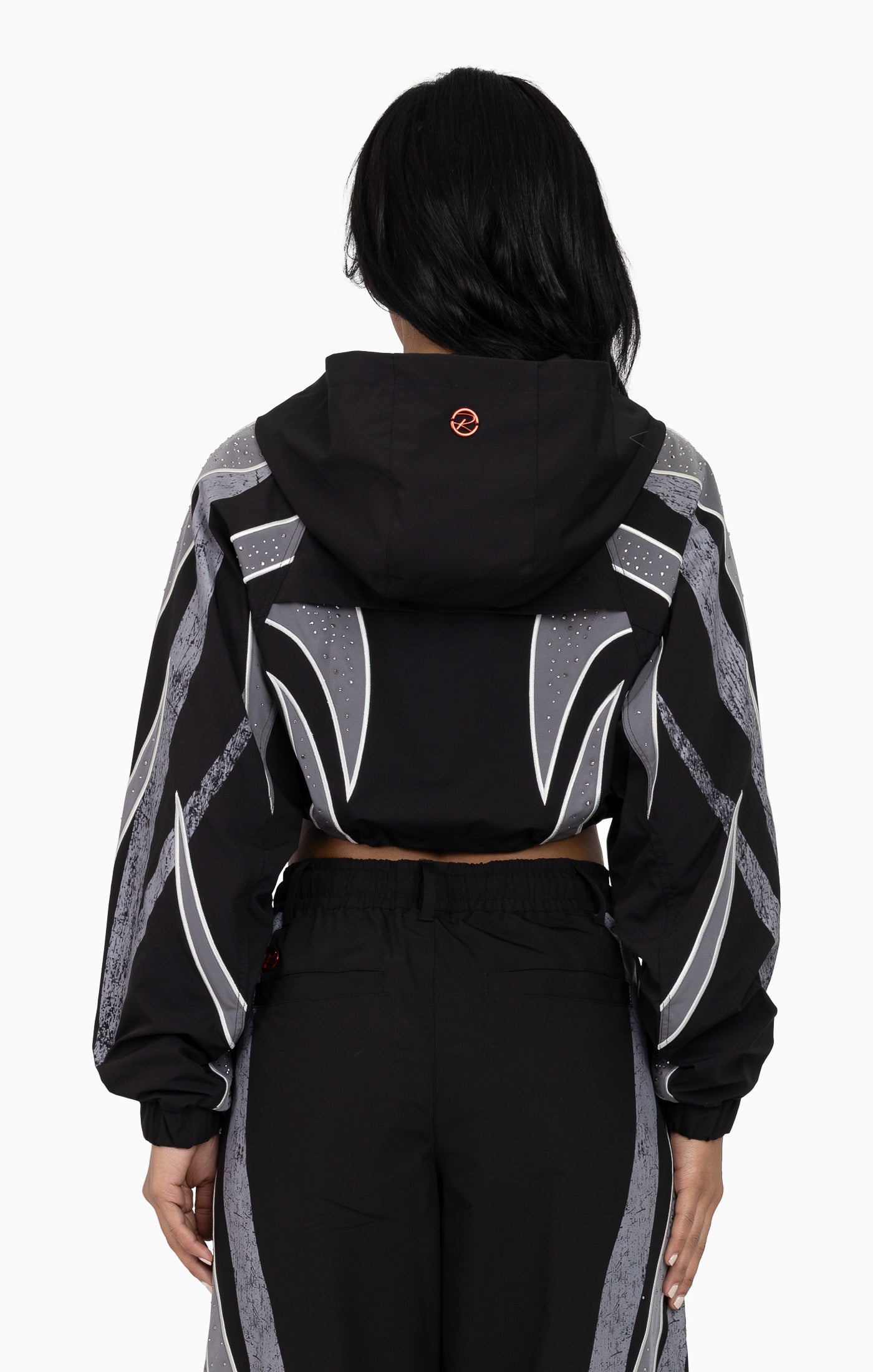 Rhinestone Panel Windbreaker Jacket - Black