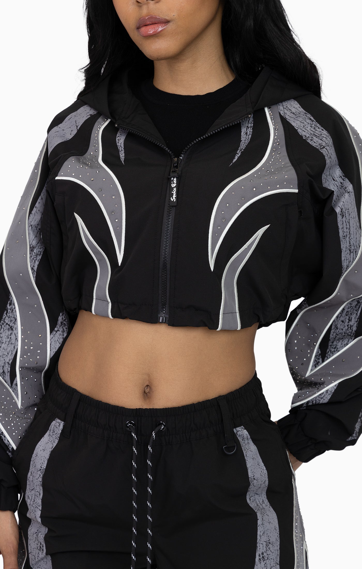 Rhinestone Panel Windbreaker Jacket - Black