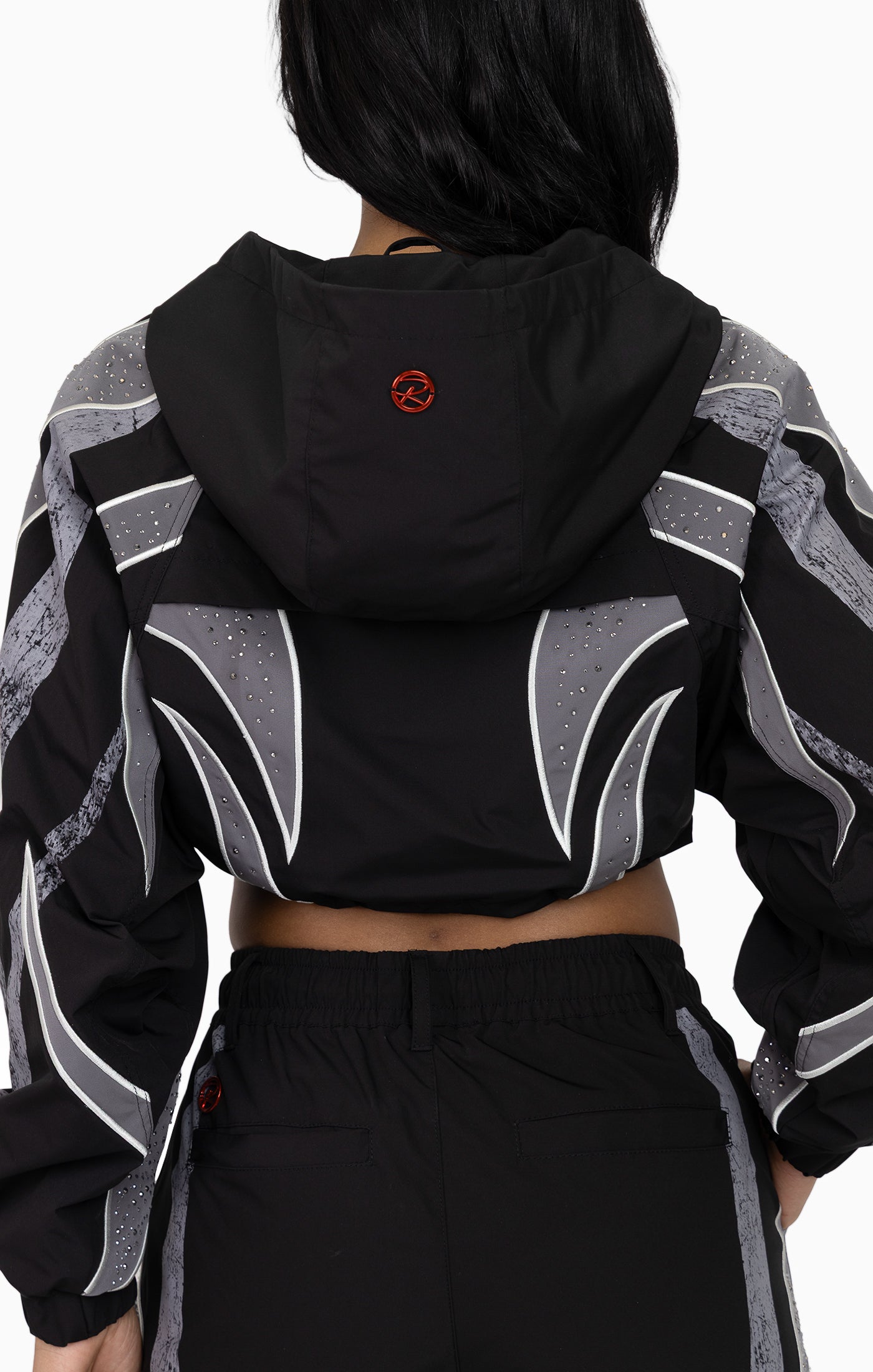 Rhinestone Panel Windbreaker Jacket - Black