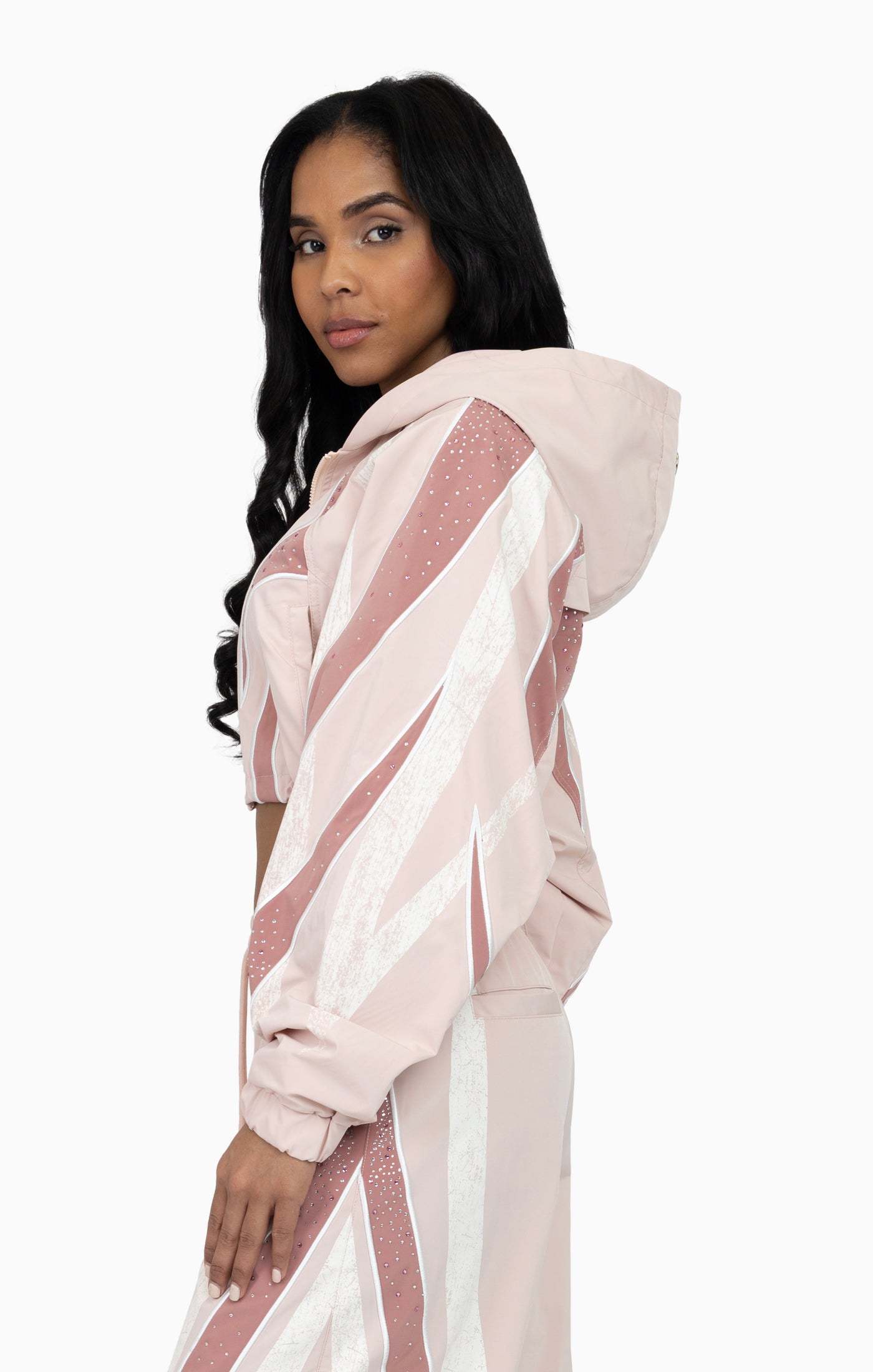 Rhinestone Panel Windbreaker Jacket - Blush Powder