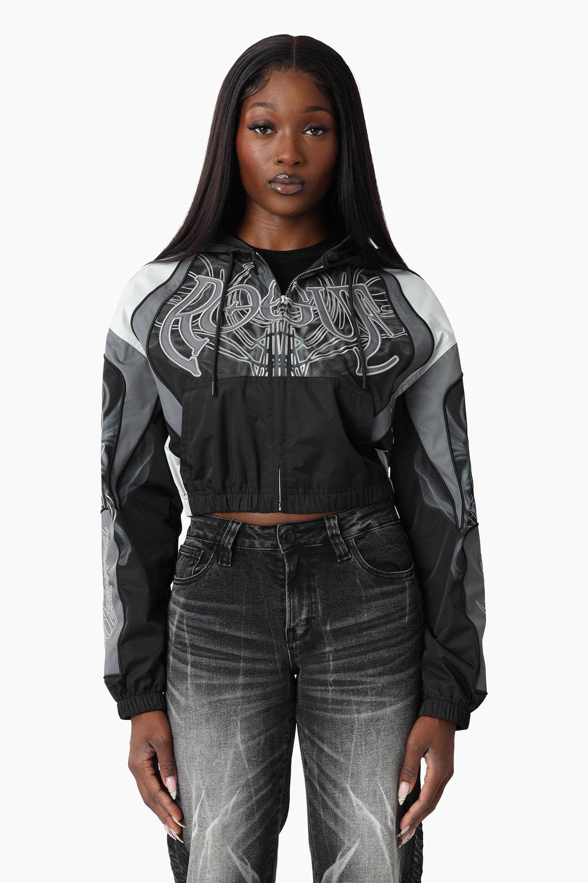 Oversized Cropped Hooded Bomber Jacket - Black