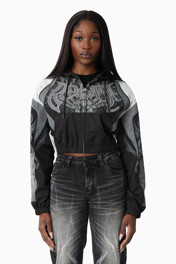 Oversized Cropped Hooded Bomber Jacket - Black