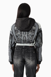 Oversized Cropped Hooded Bomber Jacket - Black