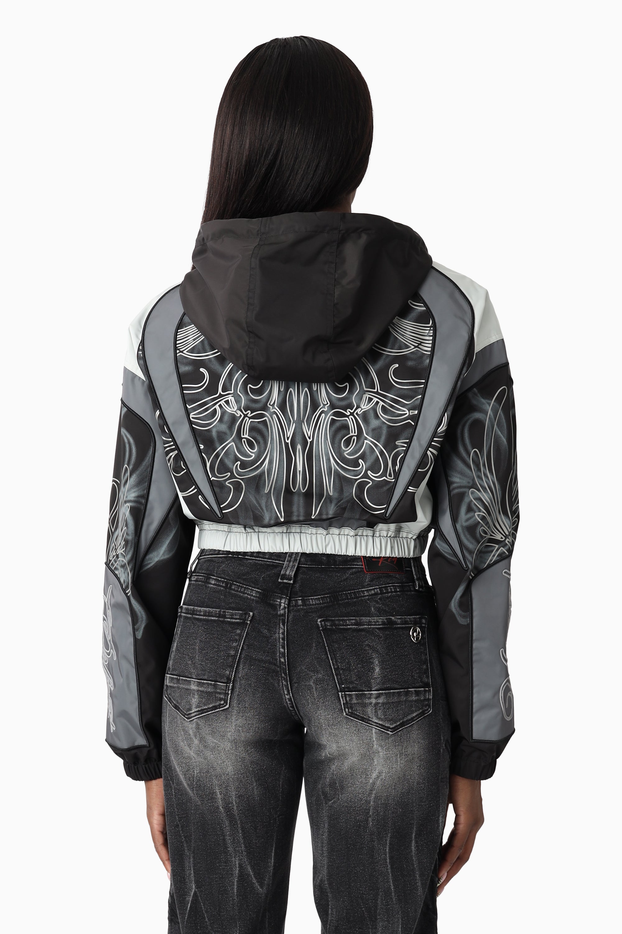 Oversized Cropped Hooded Bomber Jacket - Black