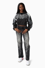 Oversized Cropped Hooded Bomber Jacket - Black
