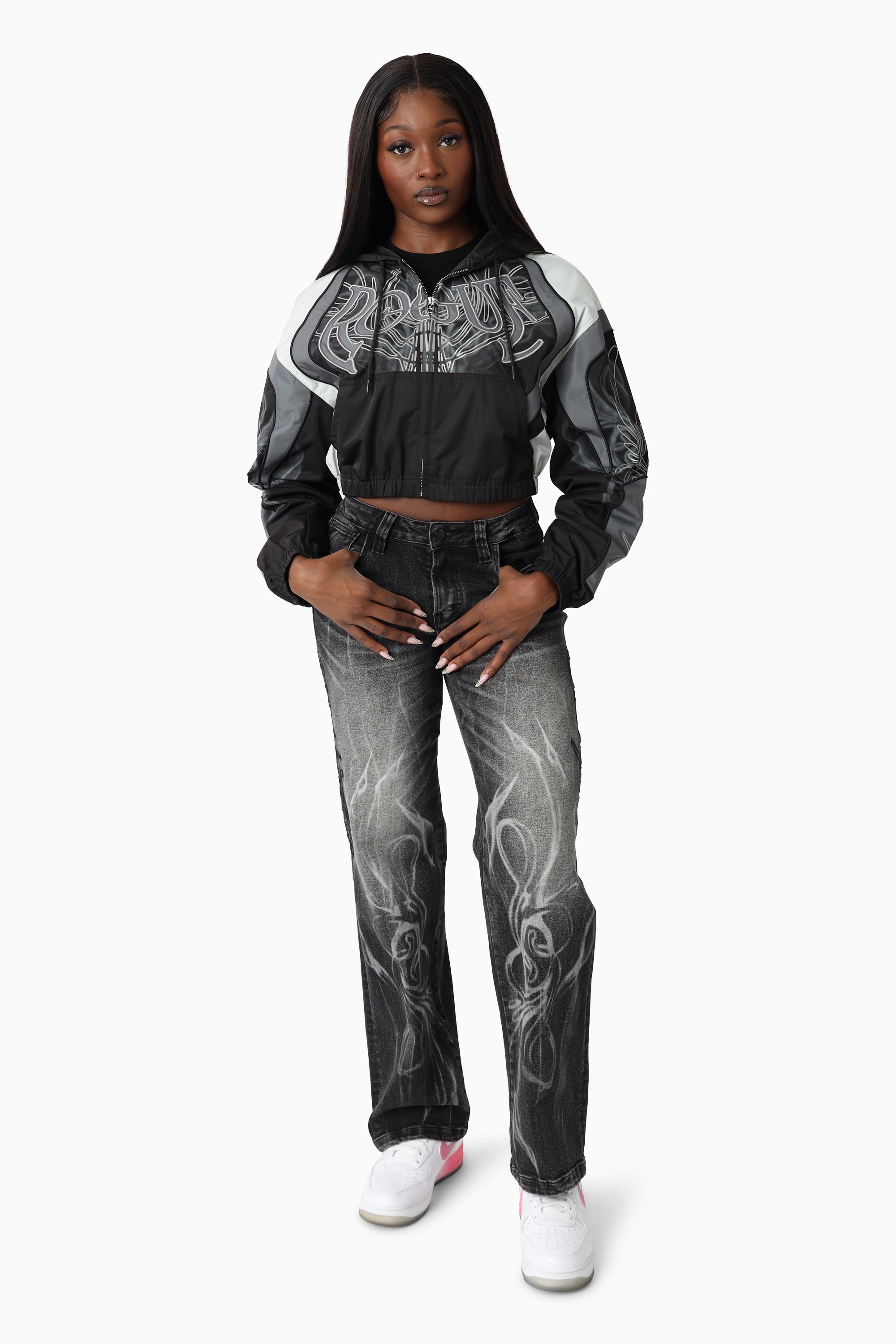 Oversized Cropped Hooded Bomber Jacket - Black