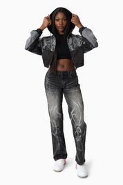 Oversized Cropped Hooded Bomber Jacket - Black