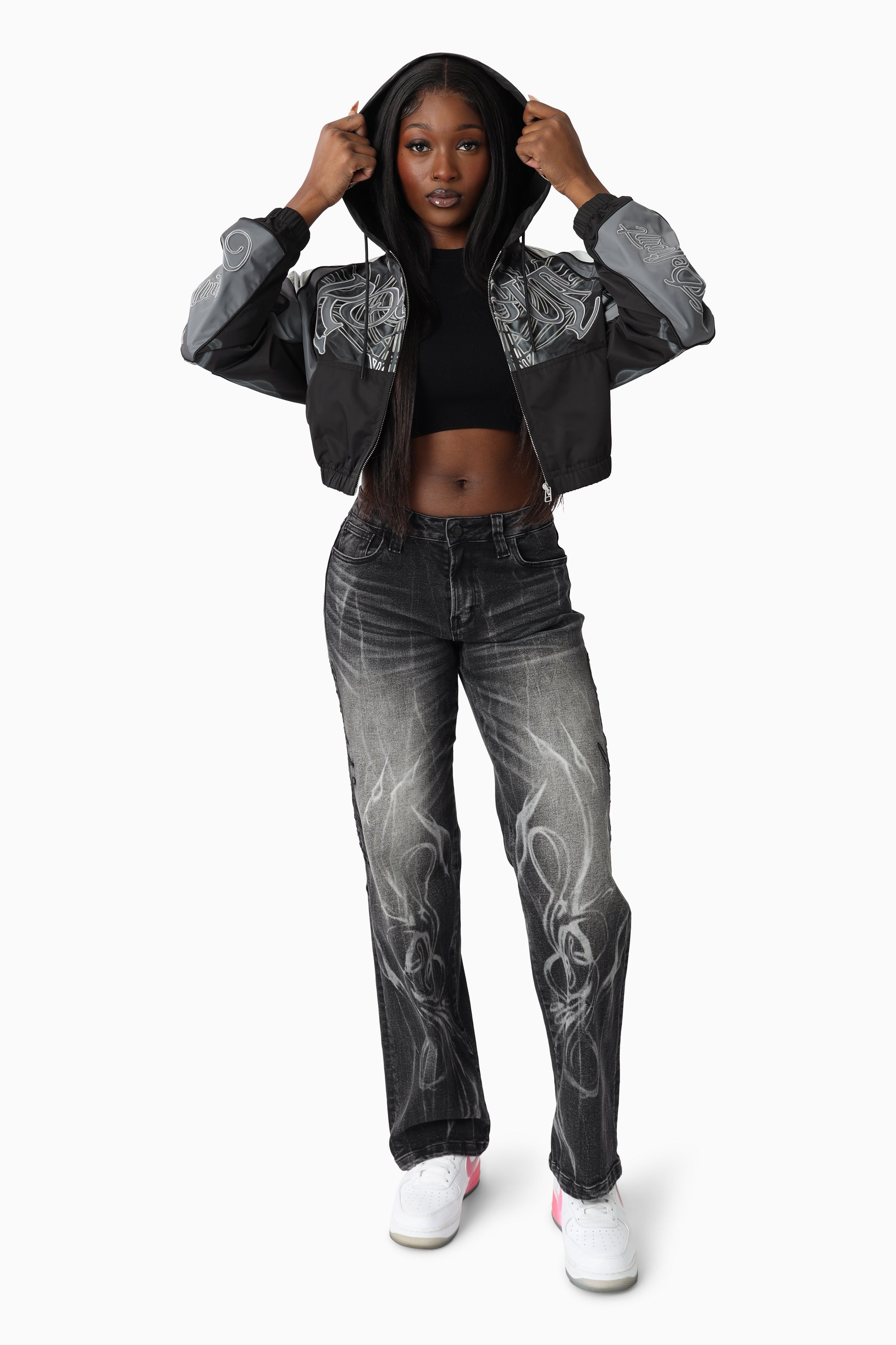 Oversized Cropped Hooded Bomber Jacket - Black