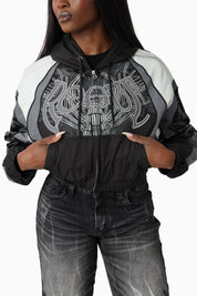Oversized Cropped Hooded Bomber Jacket - Black