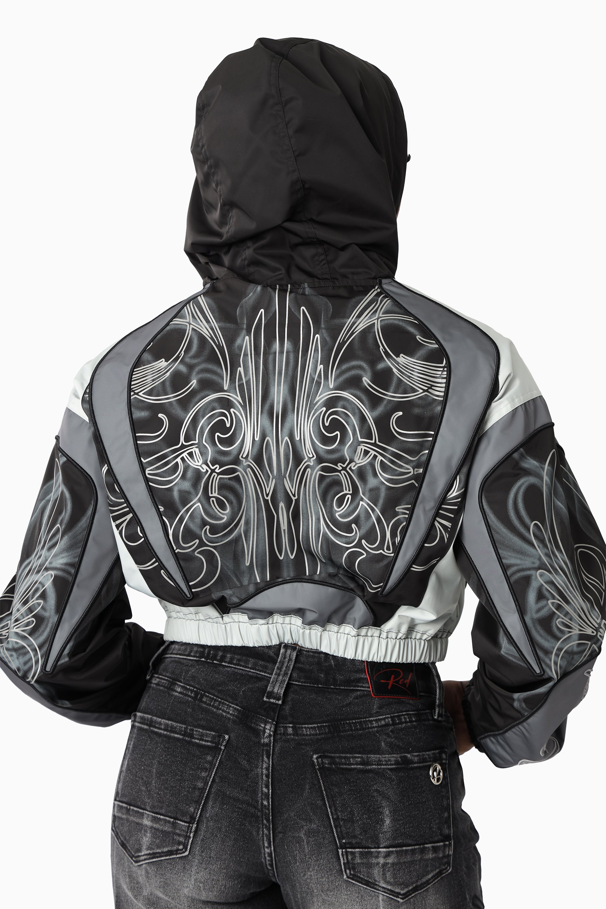 Oversized Cropped Hooded Bomber Jacket - Black