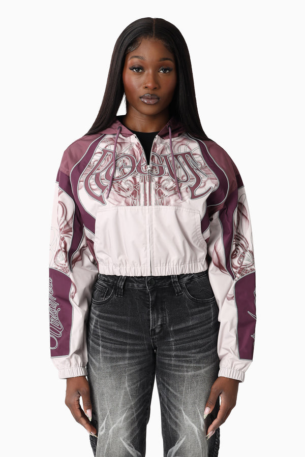 Oversized Cropped Hooded Bomber Jacket - Lilac Marble