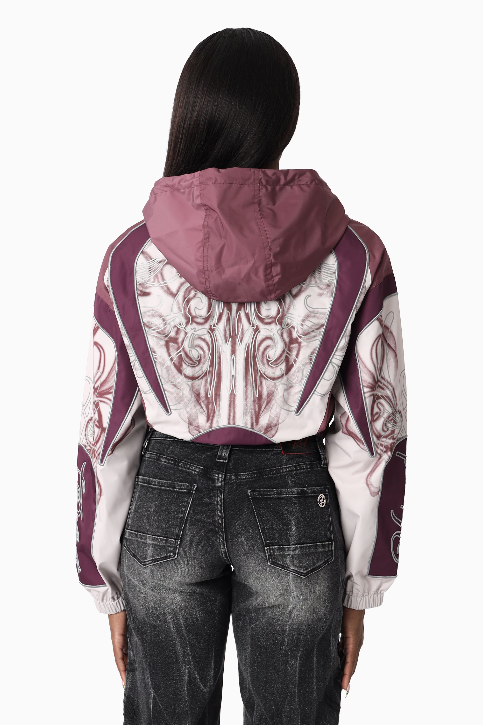 Oversized Cropped Hooded Bomber Jacket - Lilac Marble