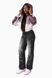 Oversized Cropped Hooded Bomber Jacket - Lilac Marble