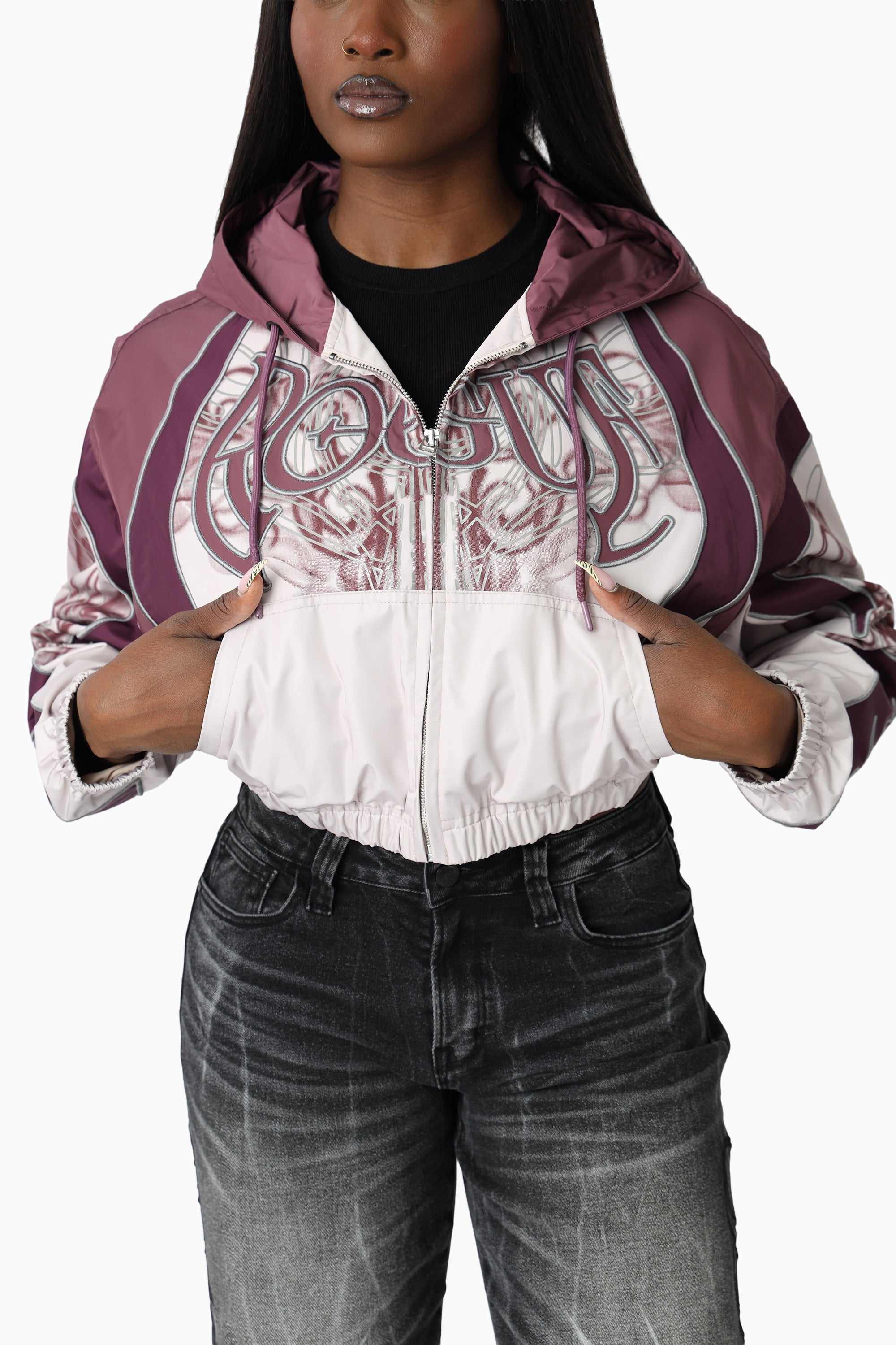 Oversized Cropped Hooded Bomber Jacket - Lilac Marble