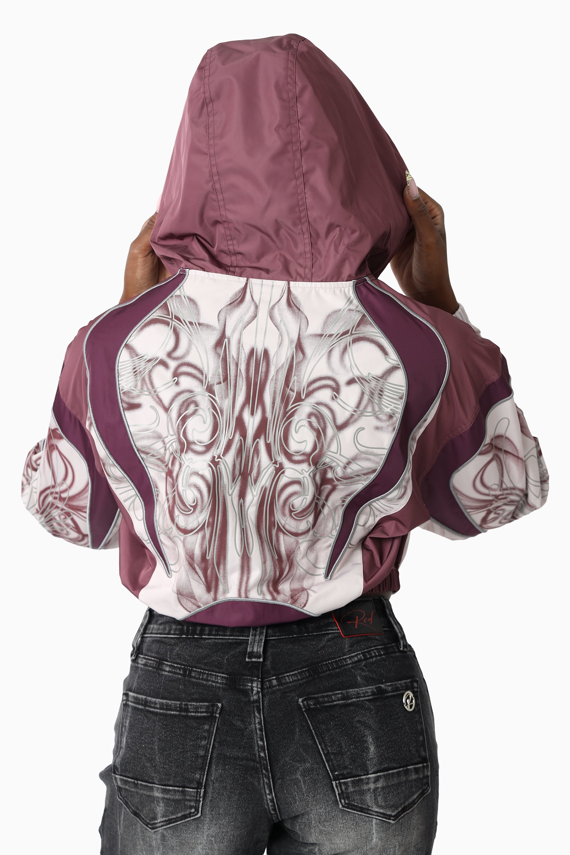 Oversized Cropped Hooded Bomber Jacket - Lilac Marble