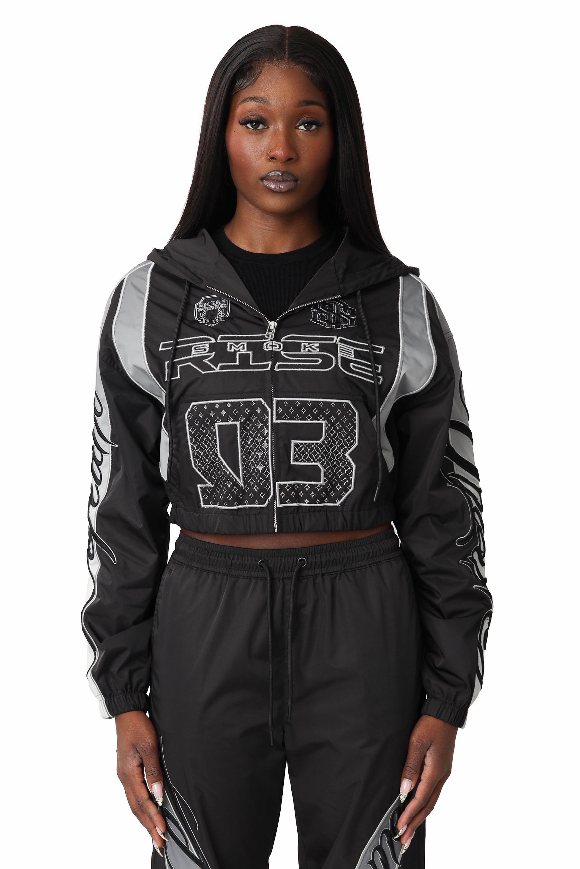 Embroidered Gradient Paneled Jacket - Black