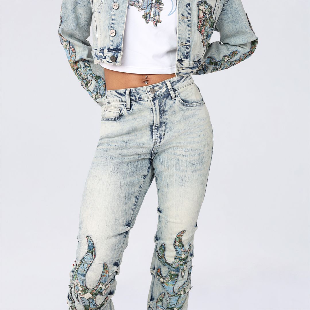 High Rise Bootcut Stacked Tapestry Jeans