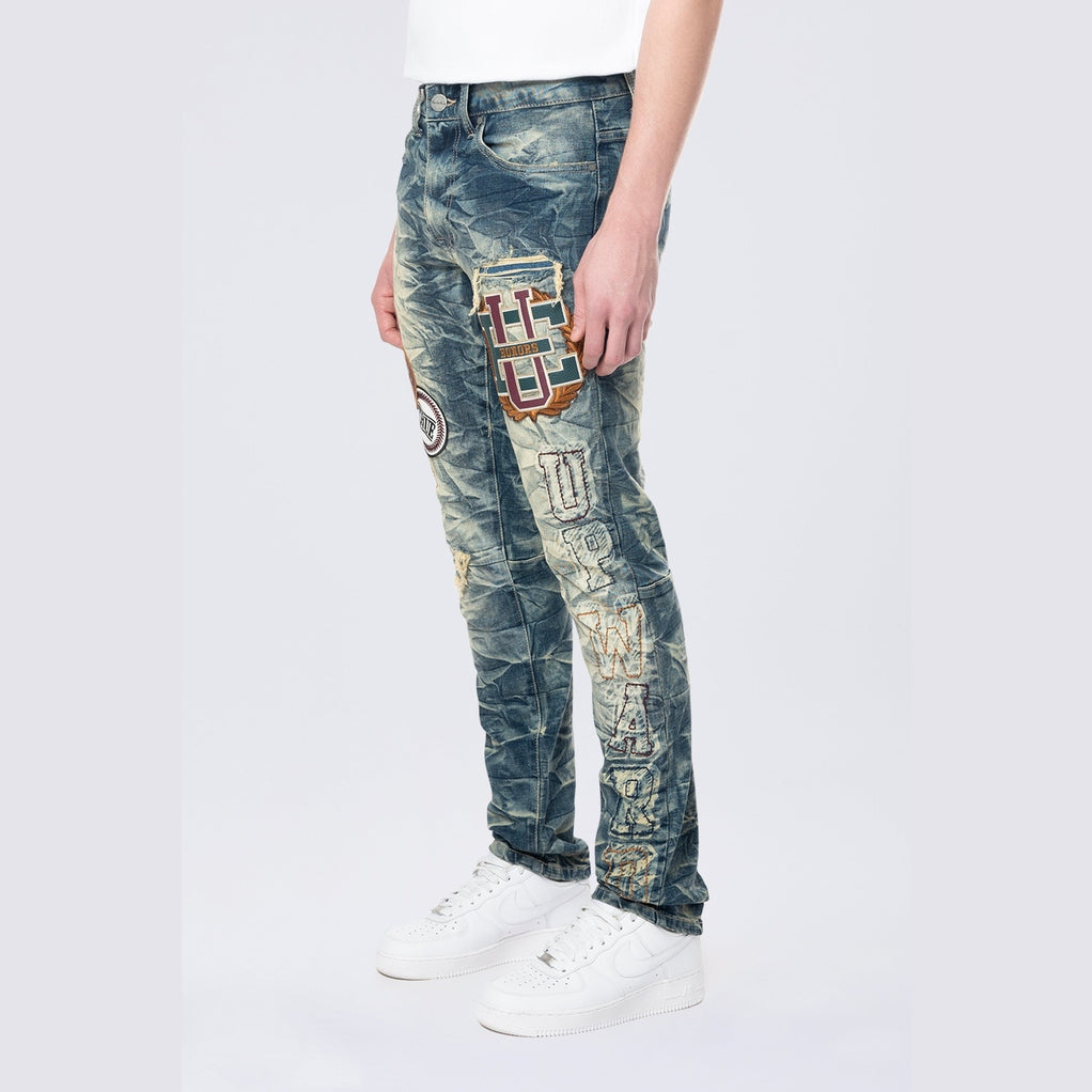 Smoke Rise Slim Varsity Patch Jeans - Alley Blue