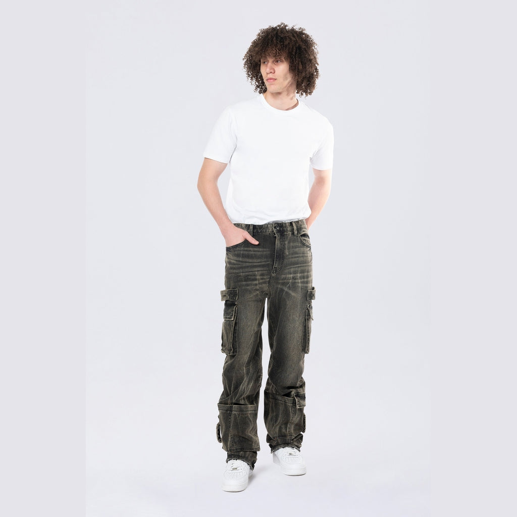 Smoke Rise Straight Cargo Strap Jeans - Black Dust