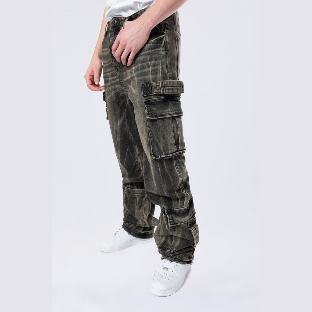 Smoke Rise Straight Cargo Strap Jeans - Black Dust