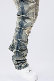 Long Straight Pinched Lightning Effect Jeans - Blue Toast