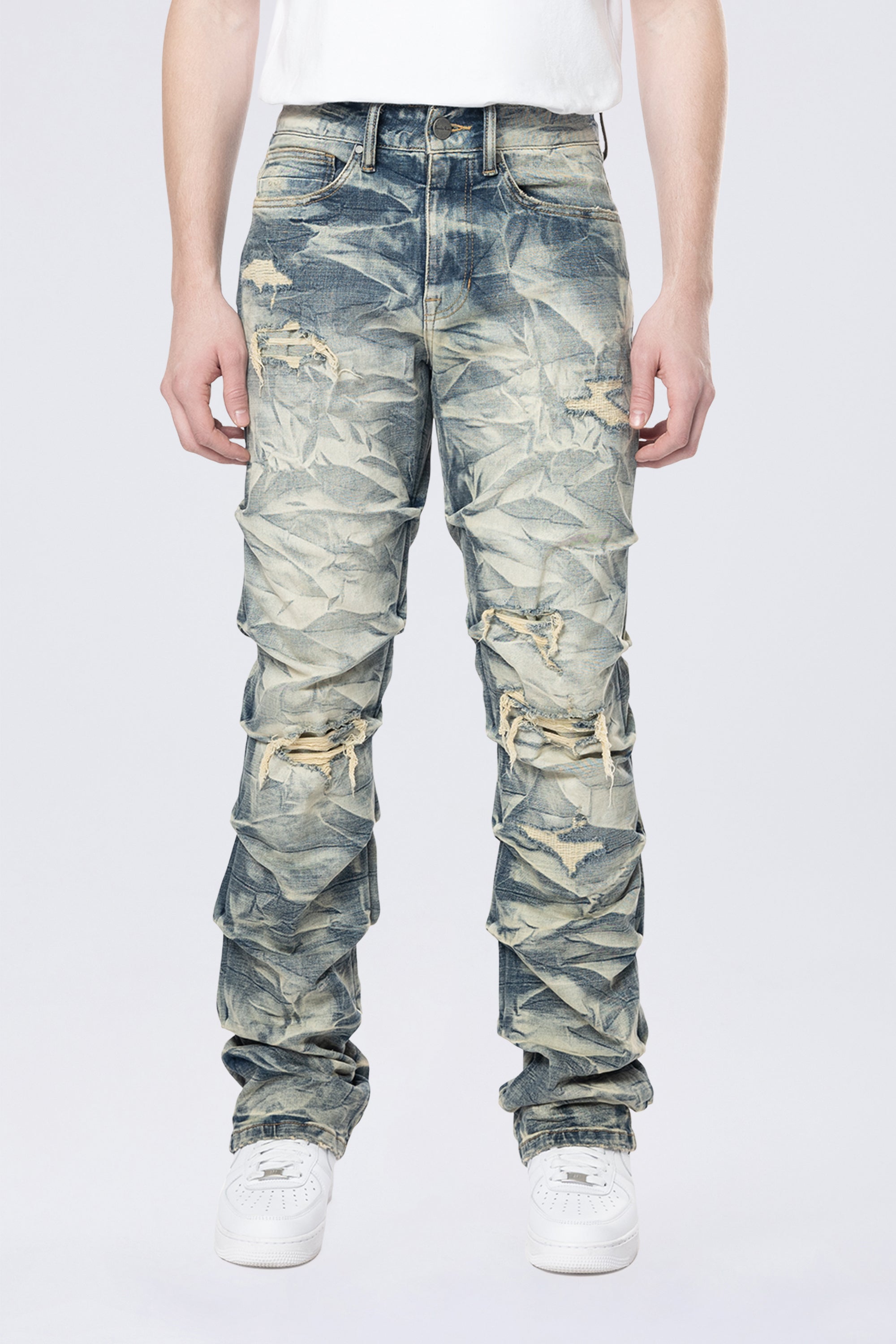 Long Straight Pinched Lightning Effect Jeans - Blue Toast