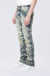 Long Straight Pinched Lightning Effect Jeans - Blue Toast