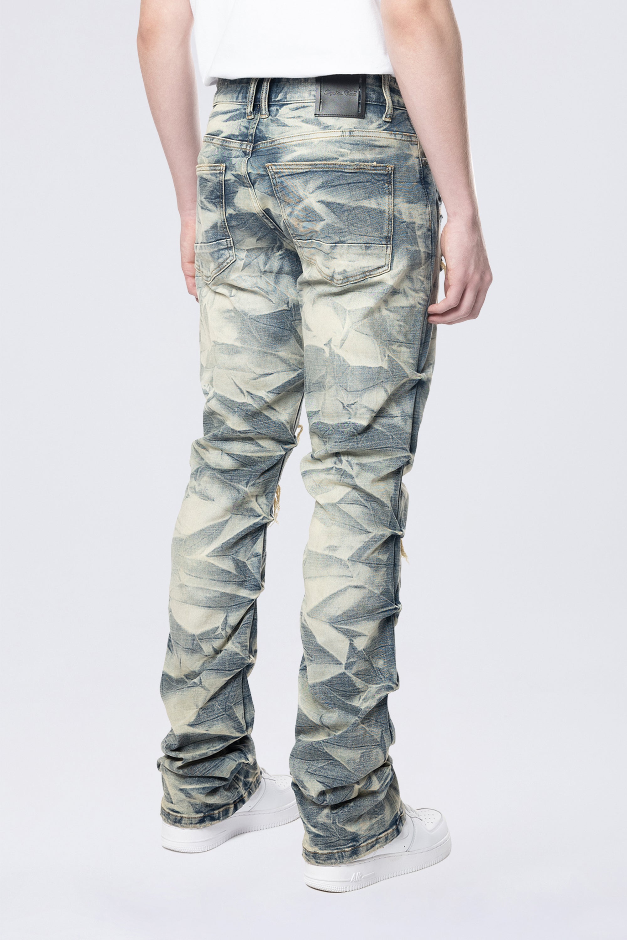 Long Straight Pinched Lightning Effect Jeans - Blue Toast