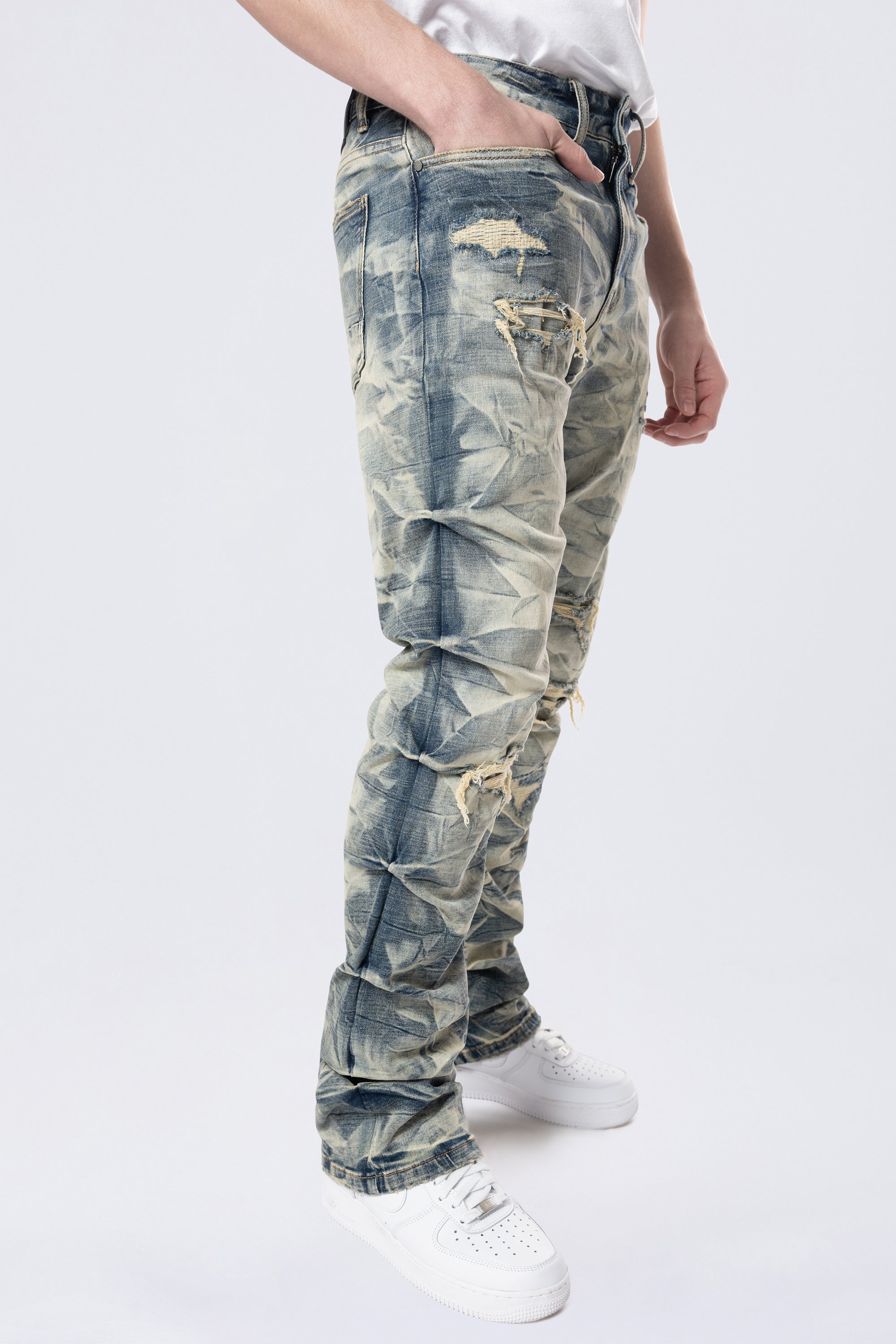 Long Straight Pinched Lightning Effect Jeans - Blue Toast