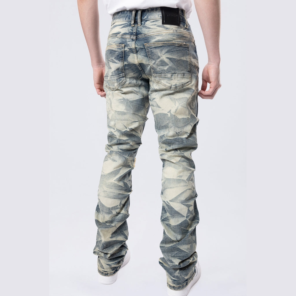 Smoke Rise Long Straight Pinched Lightning Effect Jeans - Blue Toast