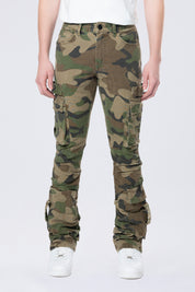 Stacked Flared Cargo Strap Canvas Pants - Wood Camo