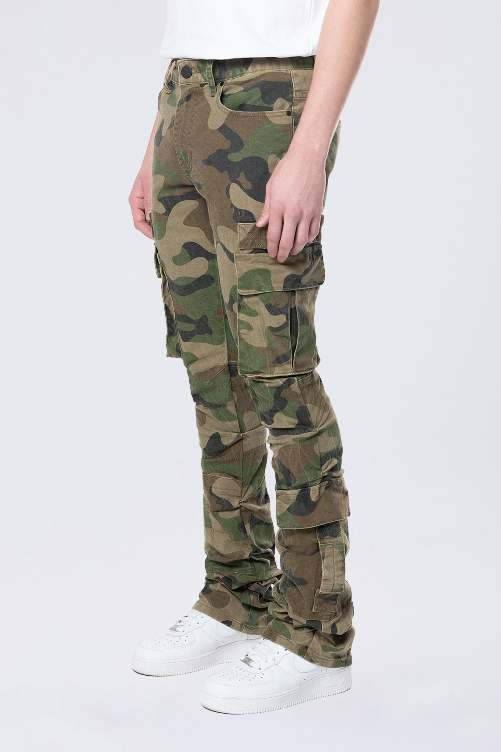 Stacked Flared Cargo Strap Canvas Pants - Wood Camo