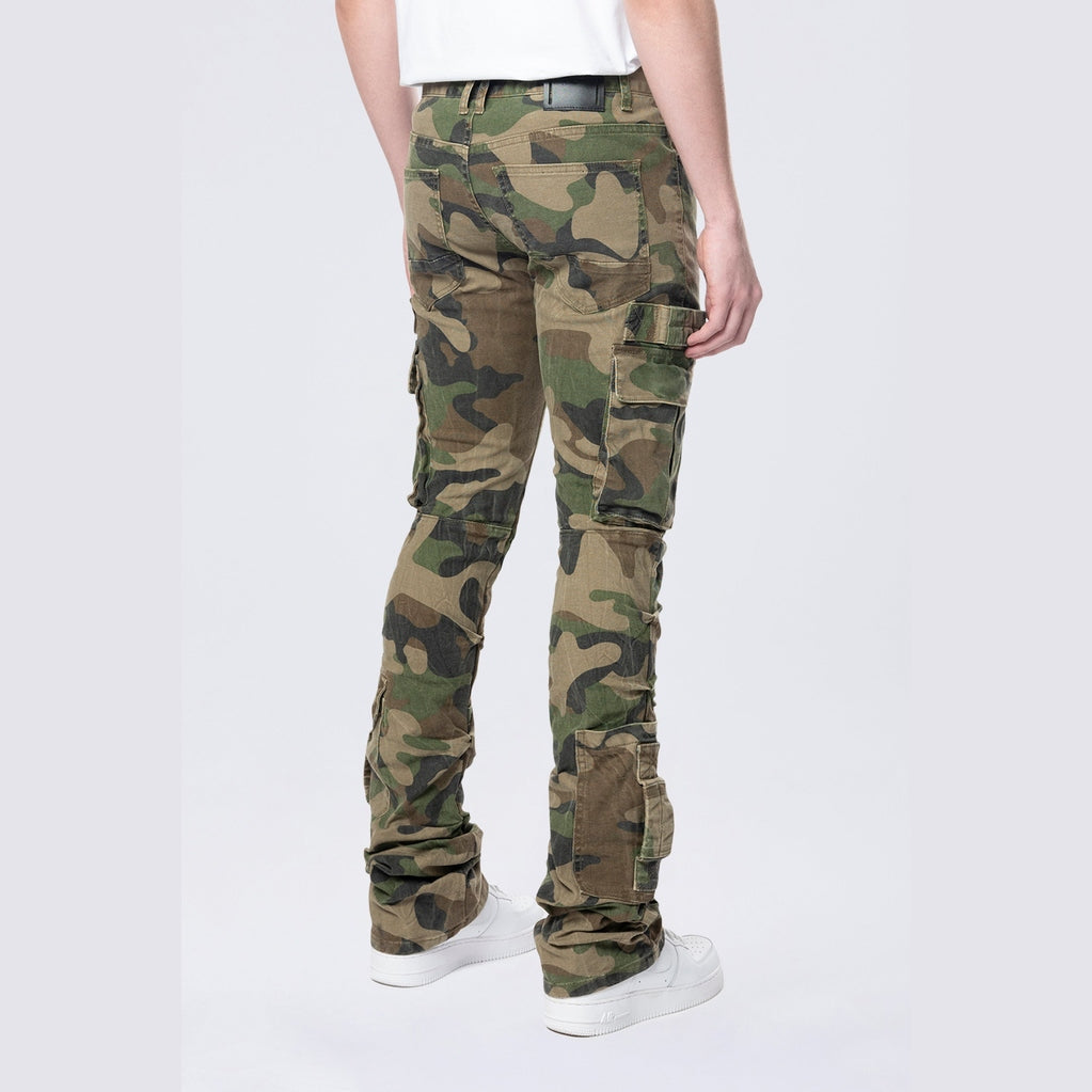 Smoke Rise Stacked Flared Cargo Strap Canvas Pants - Wood Camo
