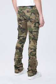 Stacked Flared Cargo Strap Canvas Pants - Wood Camo