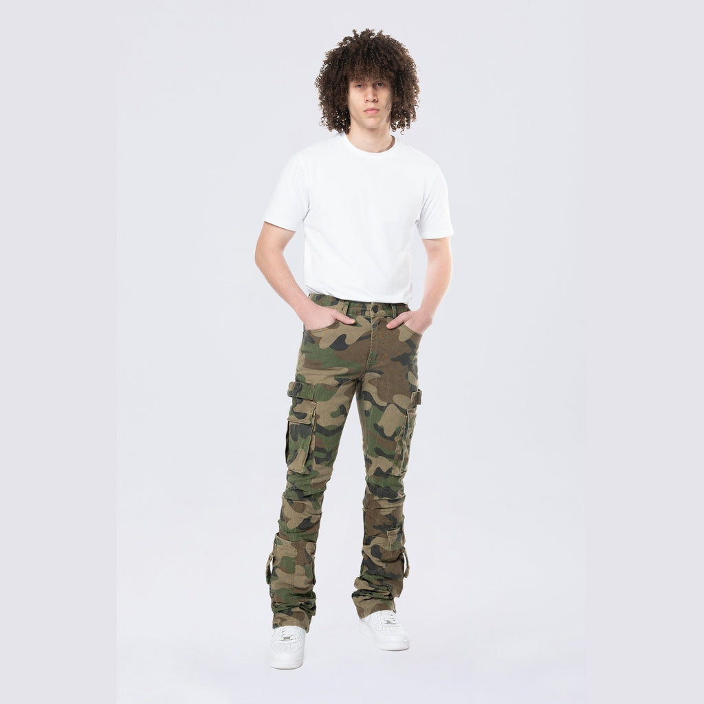 Smoke Rise Stacked Flared Cargo Strap Canvas Pants - Wood Camo