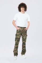 Stacked Flared Cargo Strap Canvas Pants - Wood Camo