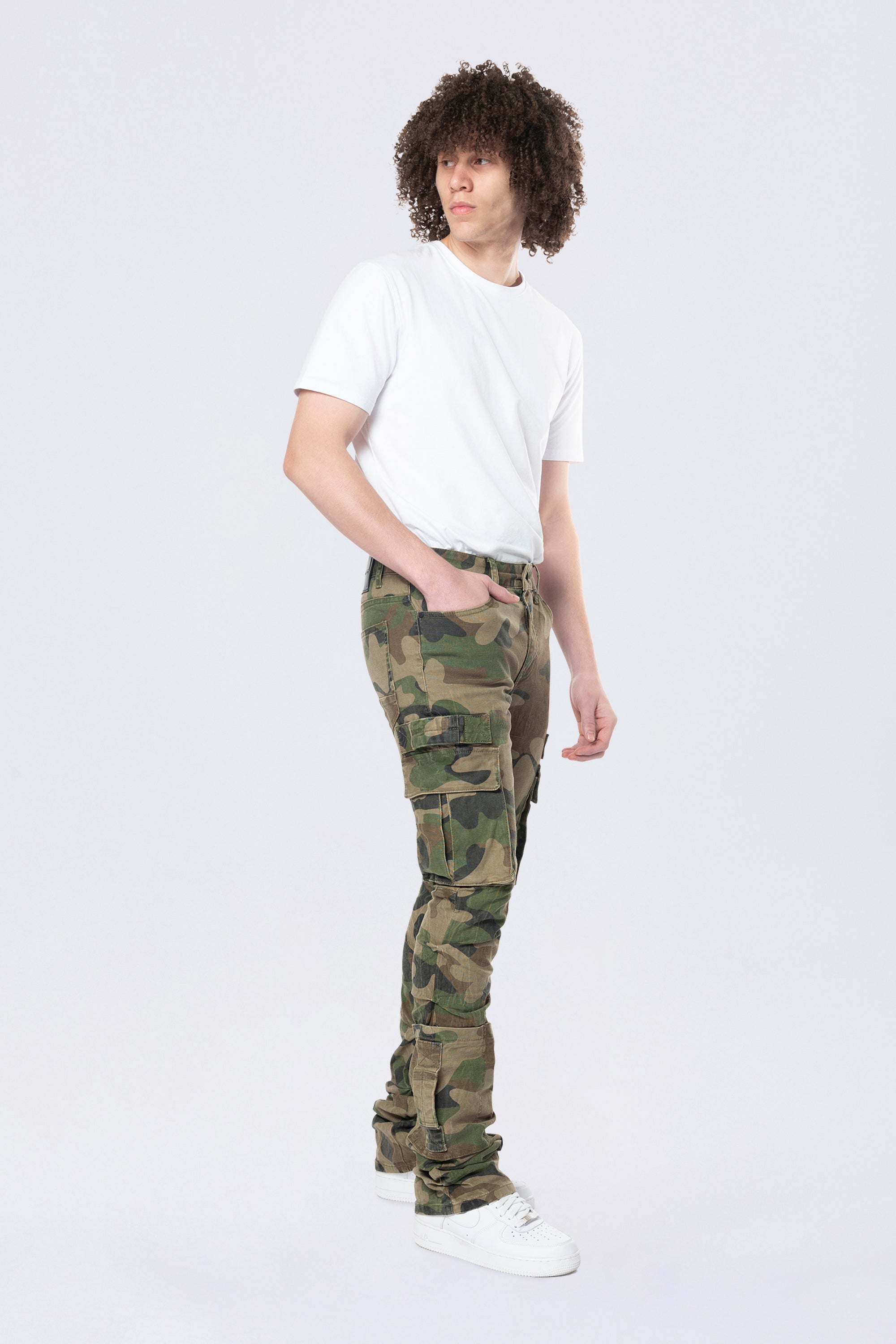 Stacked Flared Cargo Strap Canvas Pants - Wood Camo