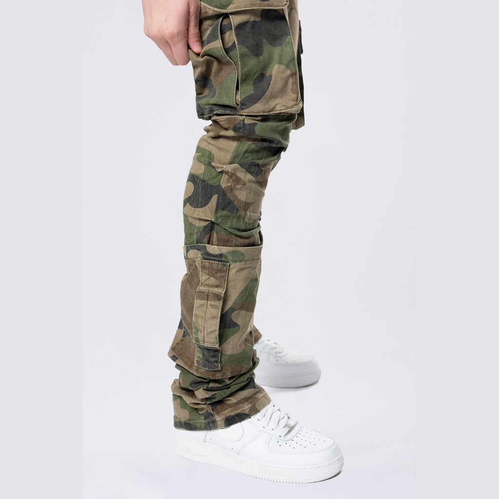 Smoke Rise Stacked Flared Cargo Strap Canvas Pants - Wood Camo