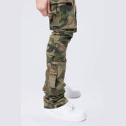 Smoke Rise Stacked Flared Cargo Strap Canvas Pants - Wood Camo