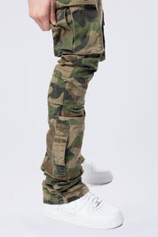 Stacked Flared Cargo Strap Canvas Pants - Wood Camo