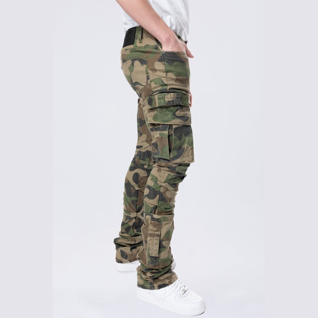 Smoke Rise Stacked Flared Cargo Strap Canvas Pants - Wood Camo