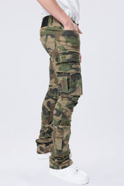 Stacked Flared Cargo Strap Canvas Pants - Wood Camo