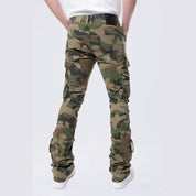 Smoke Rise Stacked Flared Cargo Strap Canvas Pants - Wood Camo