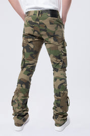 Stacked Flared Cargo Strap Canvas Pants - Wood Camo