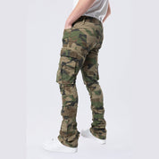 Smoke Rise Stacked Flared Cargo Strap Canvas Pants - Wood Camo