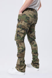 Stacked Flared Cargo Strap Canvas Pants - Wood Camo