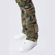 Smoke Rise Stacked Flared Cargo Strap Canvas Pants - Wood Camo