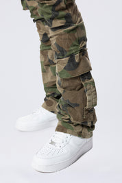 Stacked Flared Cargo Strap Canvas Pants - Wood Camo