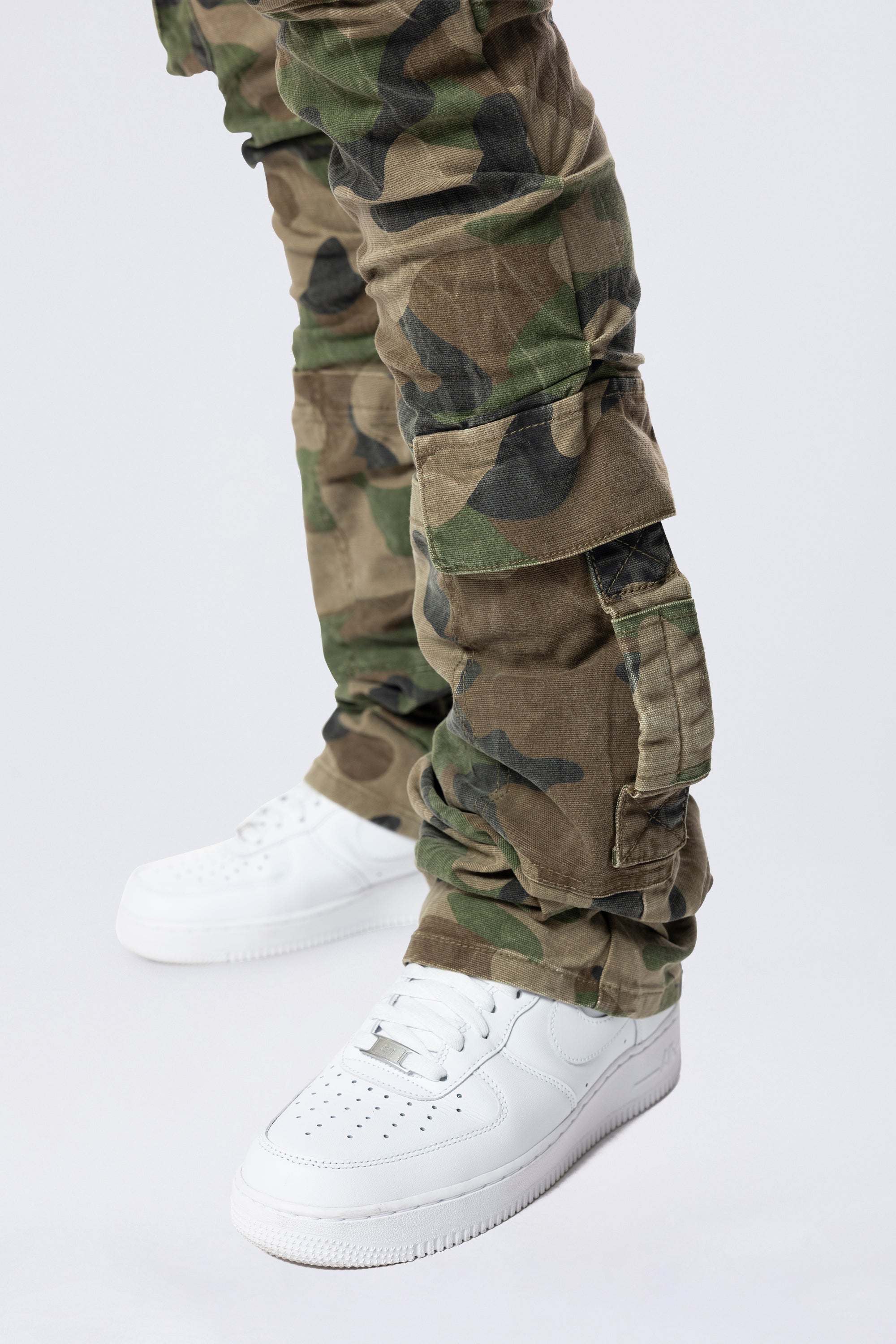 Stacked Flared Cargo Strap Canvas Pants - Wood Camo